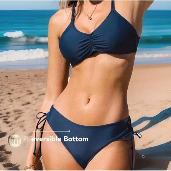 Cupshe Blue Floral Bikini XL Reversible 2 Piece Swimsuit Braided Straps Cheeky - Picture 2 of 10